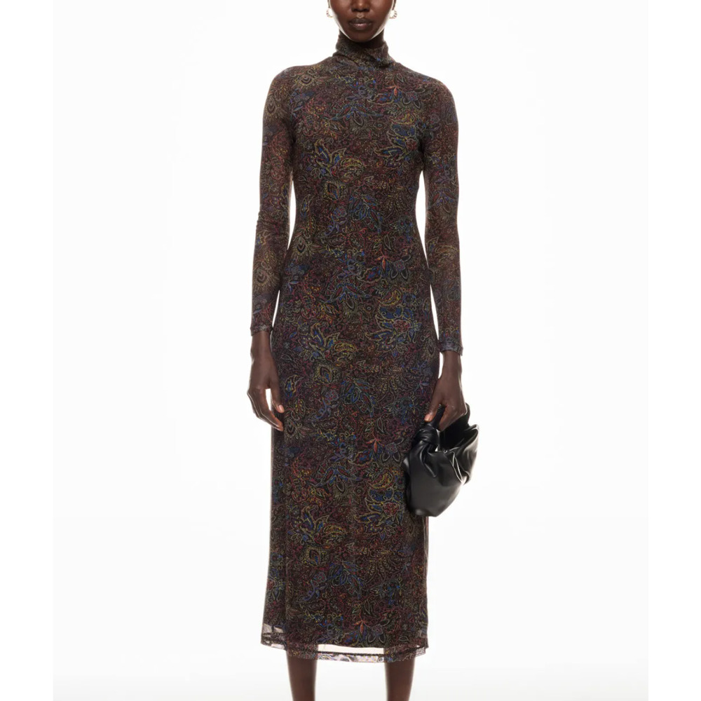 Rosetta Getty Mesh Floral Midi Dress LARGE Black Long Sleeve Designer Slit $440